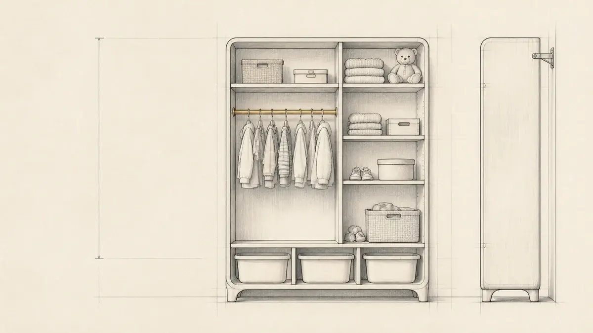 Arkitekttegning af børnegarderobe med lav bøjlestang, hylder og opbevaringskasser
